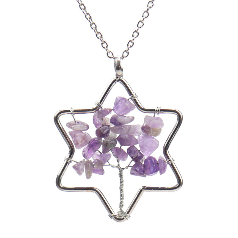 Wholesale Handmade Six-pointed Star Tree of Life Crushed Stone Crystal Necklace